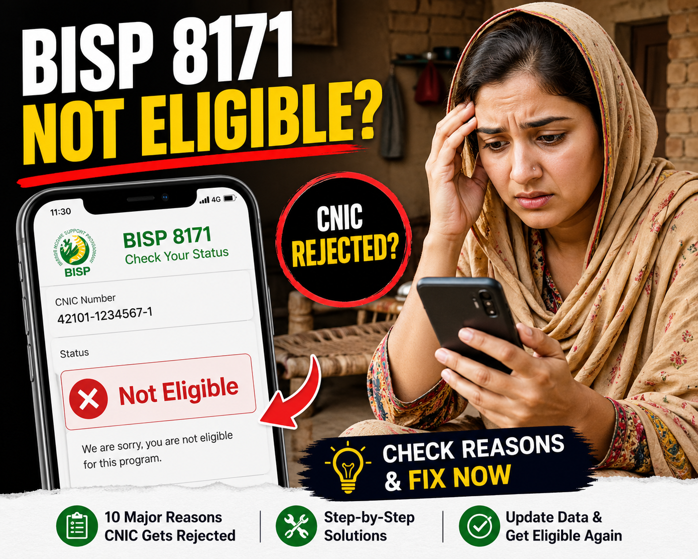 BISP 8171 Not Eligible Reasons 2026 – CNIC Reject حل اور مکمل گائیڈ